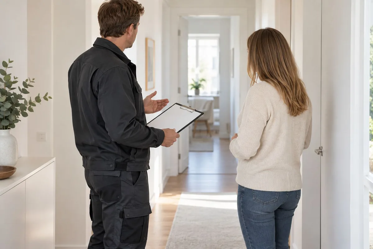 Zwei Personen im Gespräch in einem Wohnungsflur